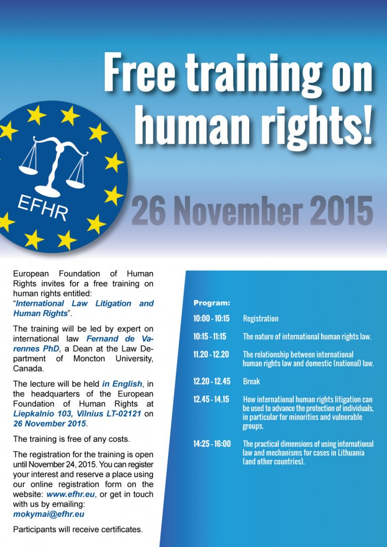 EFHR kviečia į nemokamus mokymus „Tarptautinės teisės įgyvendinimas“